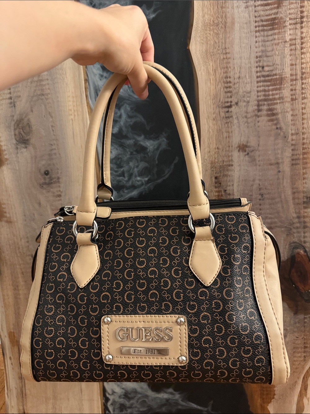 GUESS Brown Monogram Satchel with Beige Trim